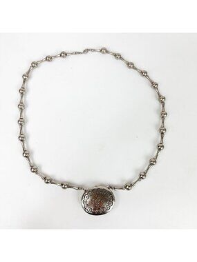 Vintage Silver Tone Estée Lauder Solid Perfume Oval Locket Pendant Necklace